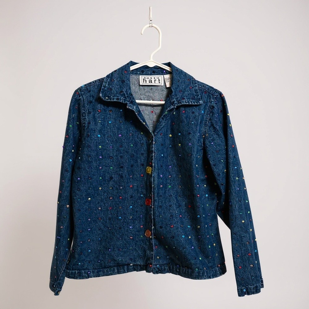 Keren Hart Denim Jacket Rainbow Polka Dot Square Button Up Jean Top Large
